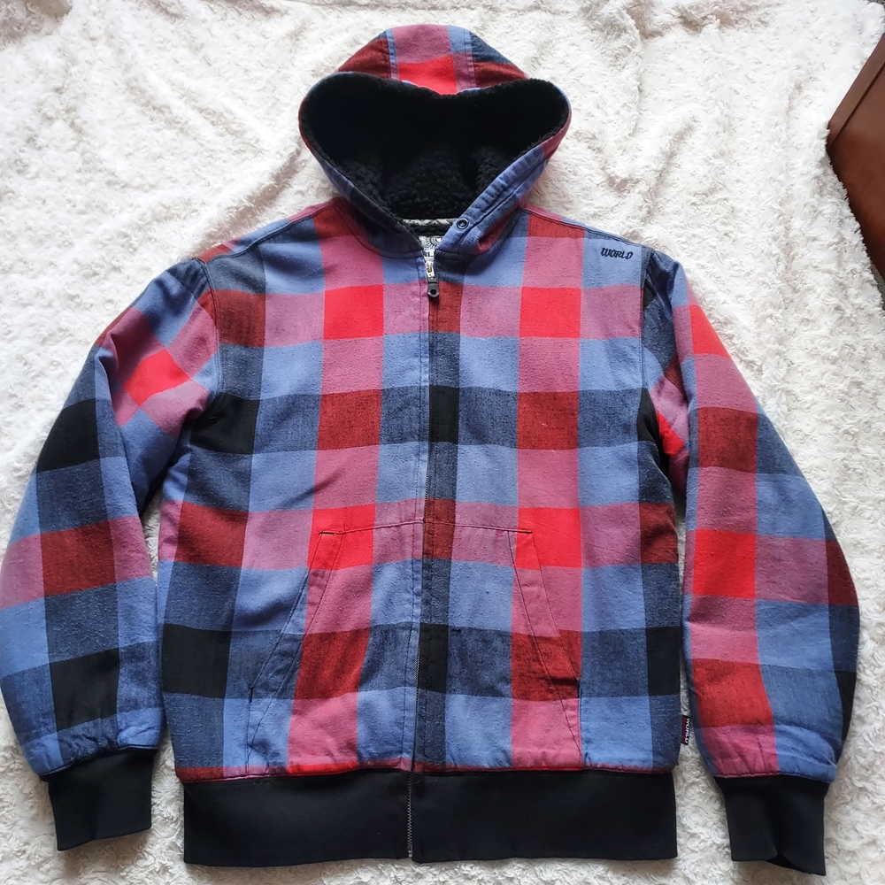 Y2K Checkered Plaid Flannel Hooded Sherpa Lined Jacket Skater Streetwear Chore